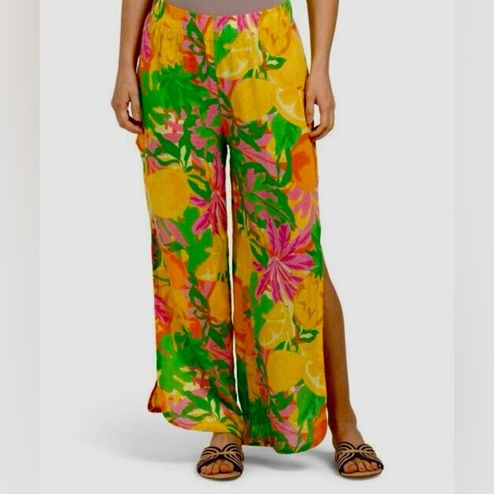 C&C California Linen Blend Slit Leg Beach Cover Up Pants in Tropical